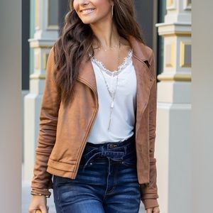 Grace & Lace Move Free Leather-Like Moto Jacket, size XS, Color: Camel